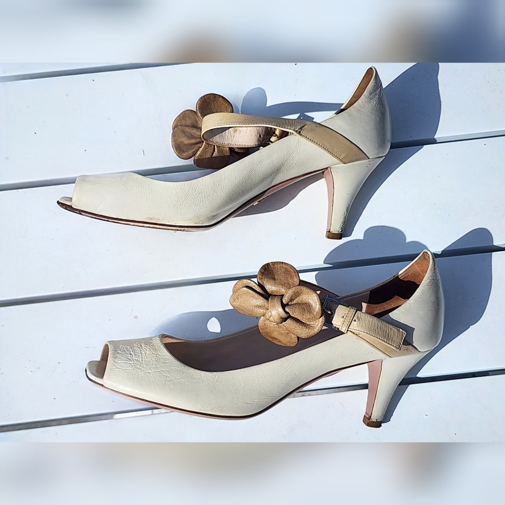 PRADA Cream and Tan Peep-Toe Heels with Floral Accents